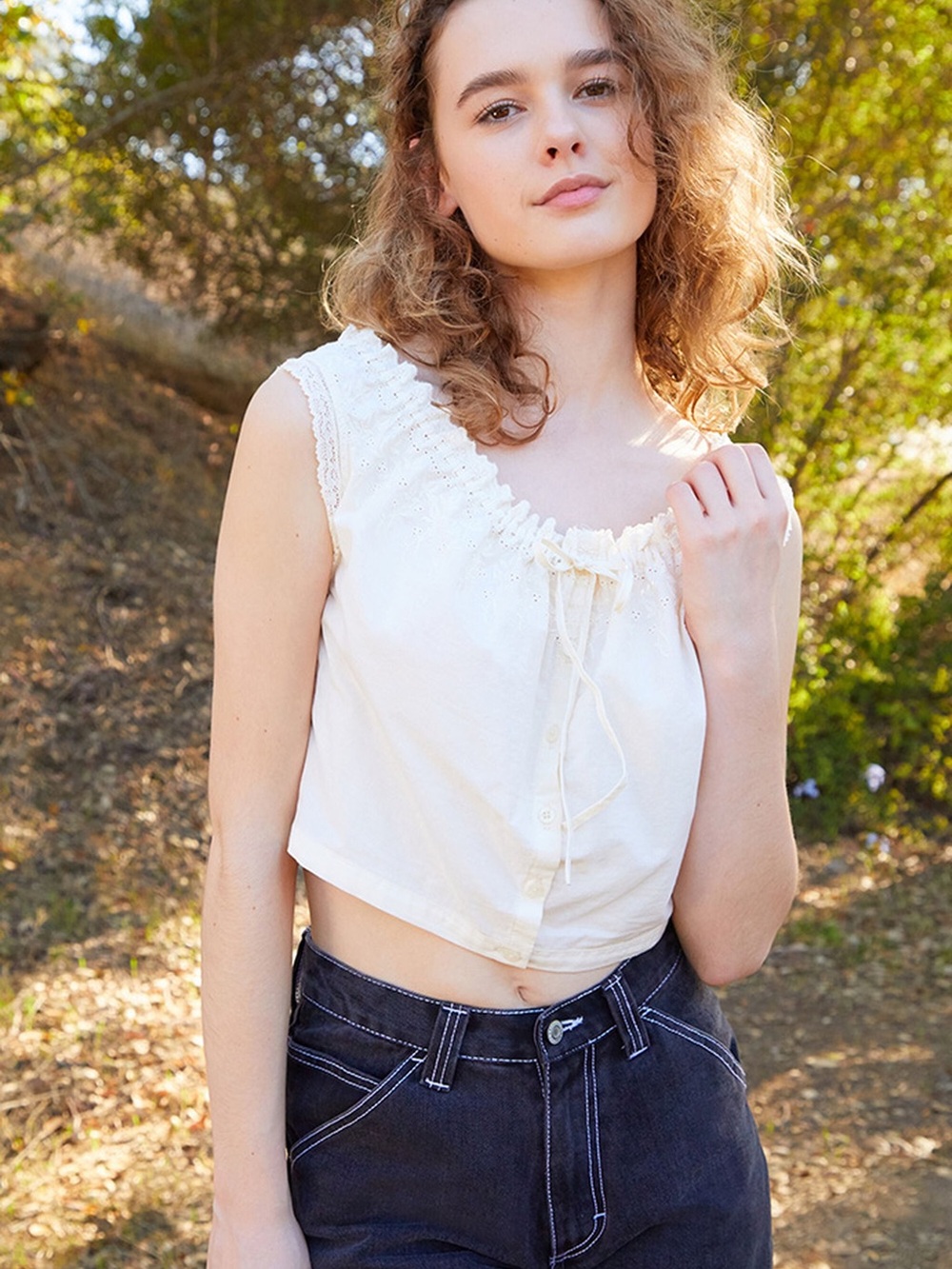 Brandy Melville White Off-Shoulder Eyelet Crop Top